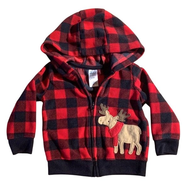 Child Of Mine By Carters Red & Black Plaid Moose Fleece Baby Hoodie Jacket 12M - Picture 1 of 4
